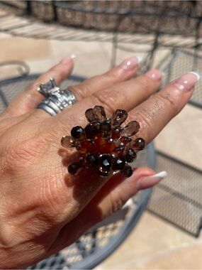 Smoky Brown Quartz/Carnelian-Beaded Cluster Cocktail Ring - Women Jewelry